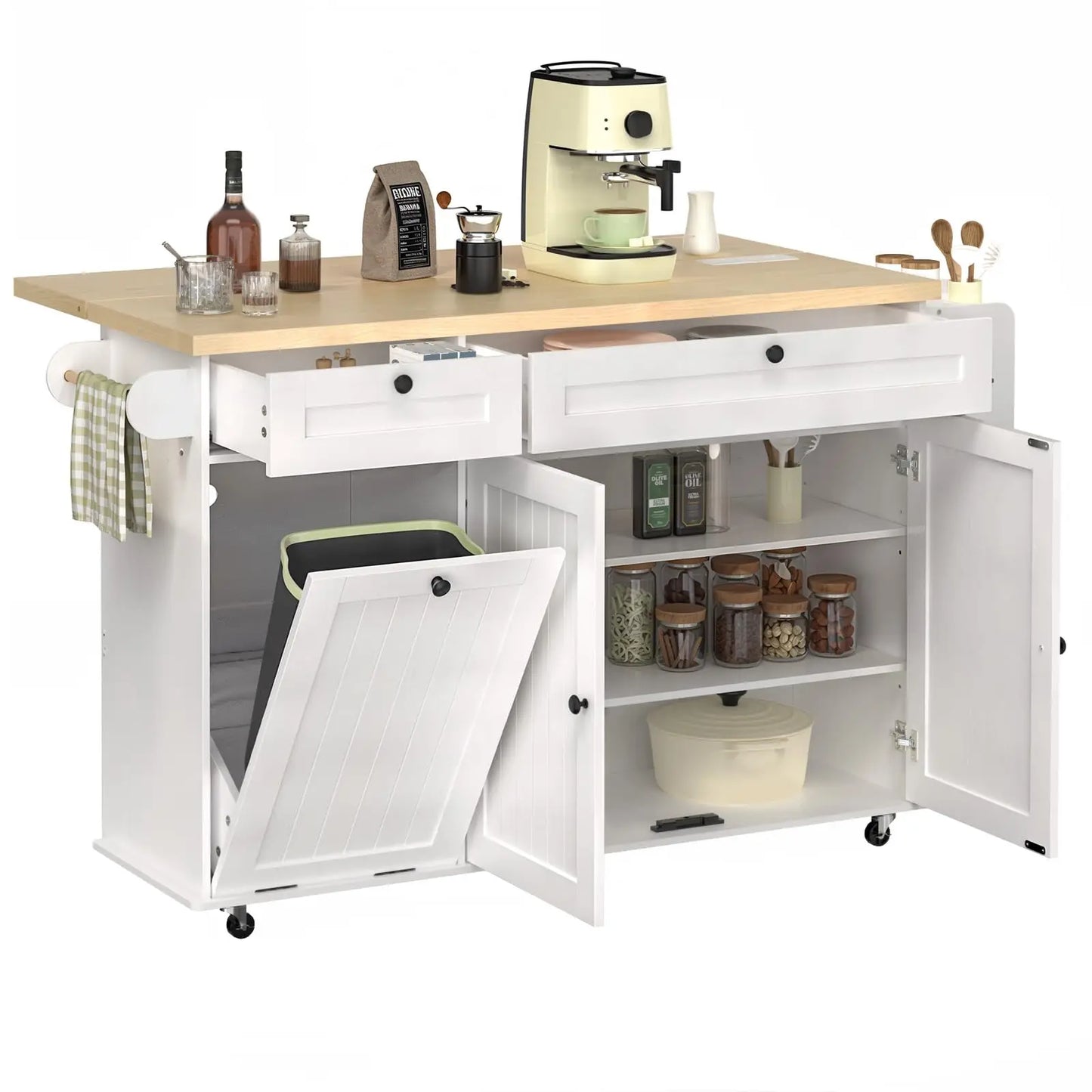 ONBRILL Mobile Kitchen Island Cart With Power Outlet SpiceRackWithTowelRackAndStorageDrawer
