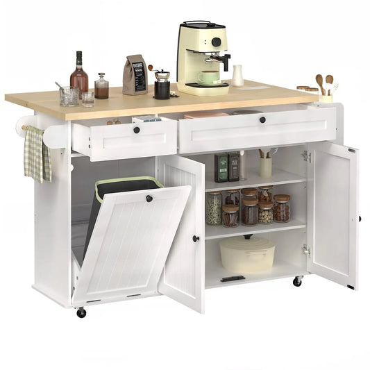 ONBRILL Mobile Kitchen Island Cart With Power Outlet SpiceRackWithTowelRackAndStorageDrawer