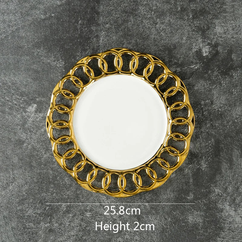 Gold Plated Hollow Out Ceramic Plate For Dining Table