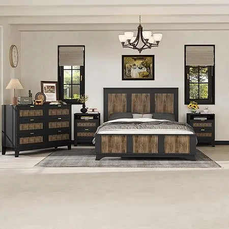 MKDK Premium EngineeredWoodPlatformConstruction BedSetWithNightstands AndDresser
