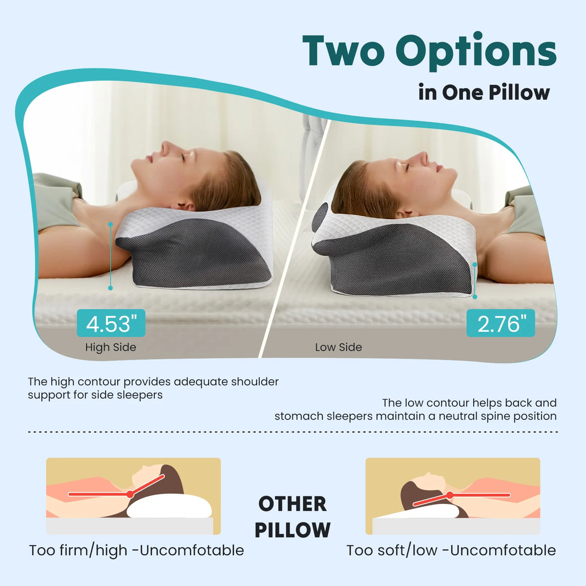 JHK Ergonomic Memory Foam Cervical Pillow With Cooling Pillowcase Two Heights