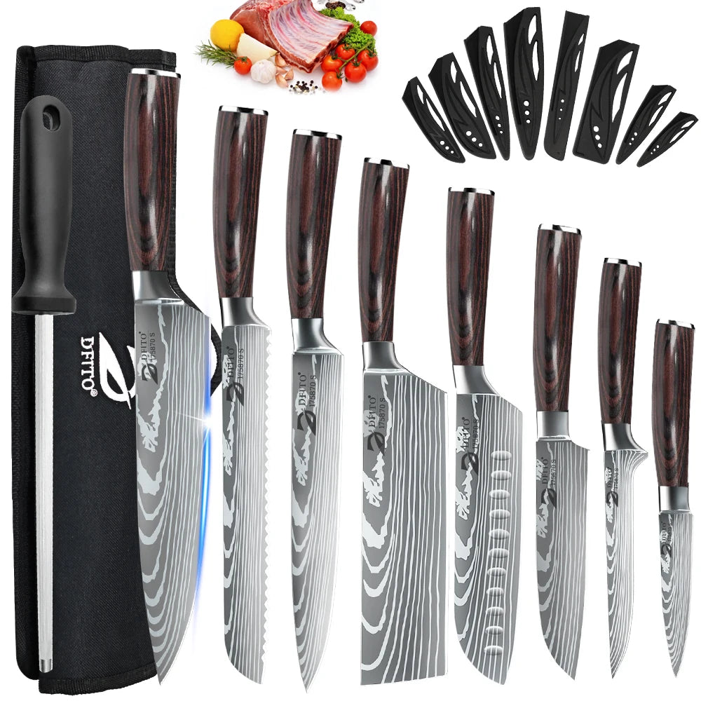 KEPEAK Kitchen Knife Set 7Cr17Mov Stainless Steel Chef Knife Ultra Sharp Santoku Cleaver Utility Knife Cooking Knives Nylon Bag