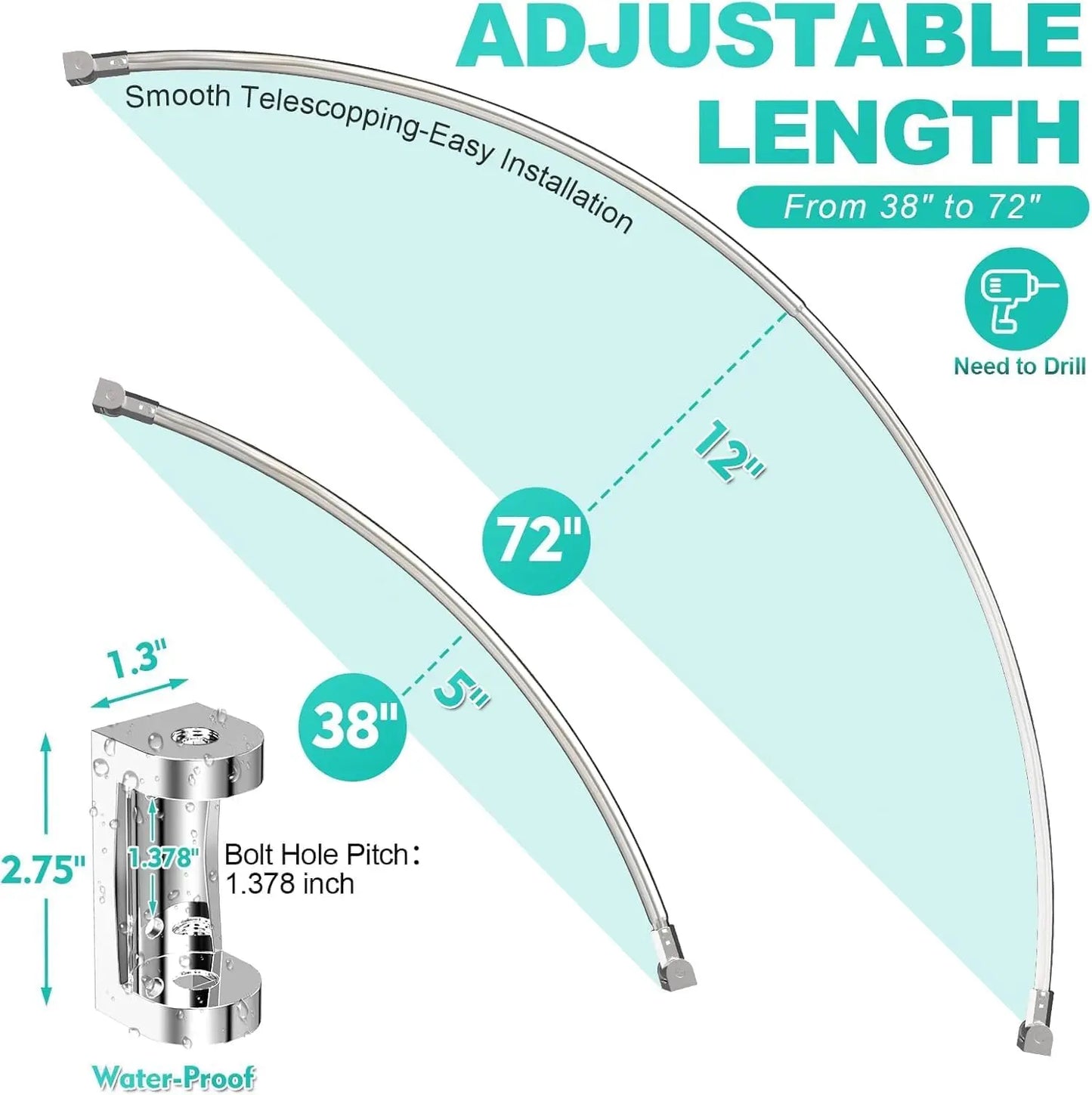 Curved Shower Curtain Rod Wall Mounted Adjustable Metal For Bathroom