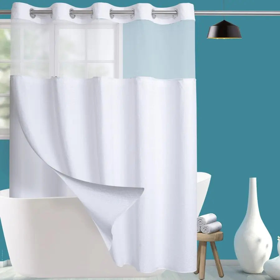 Wide Waffle Weave Shower Curtain With Snap In Liner Set With Easy Mount Flex On Rings For Fast Installation