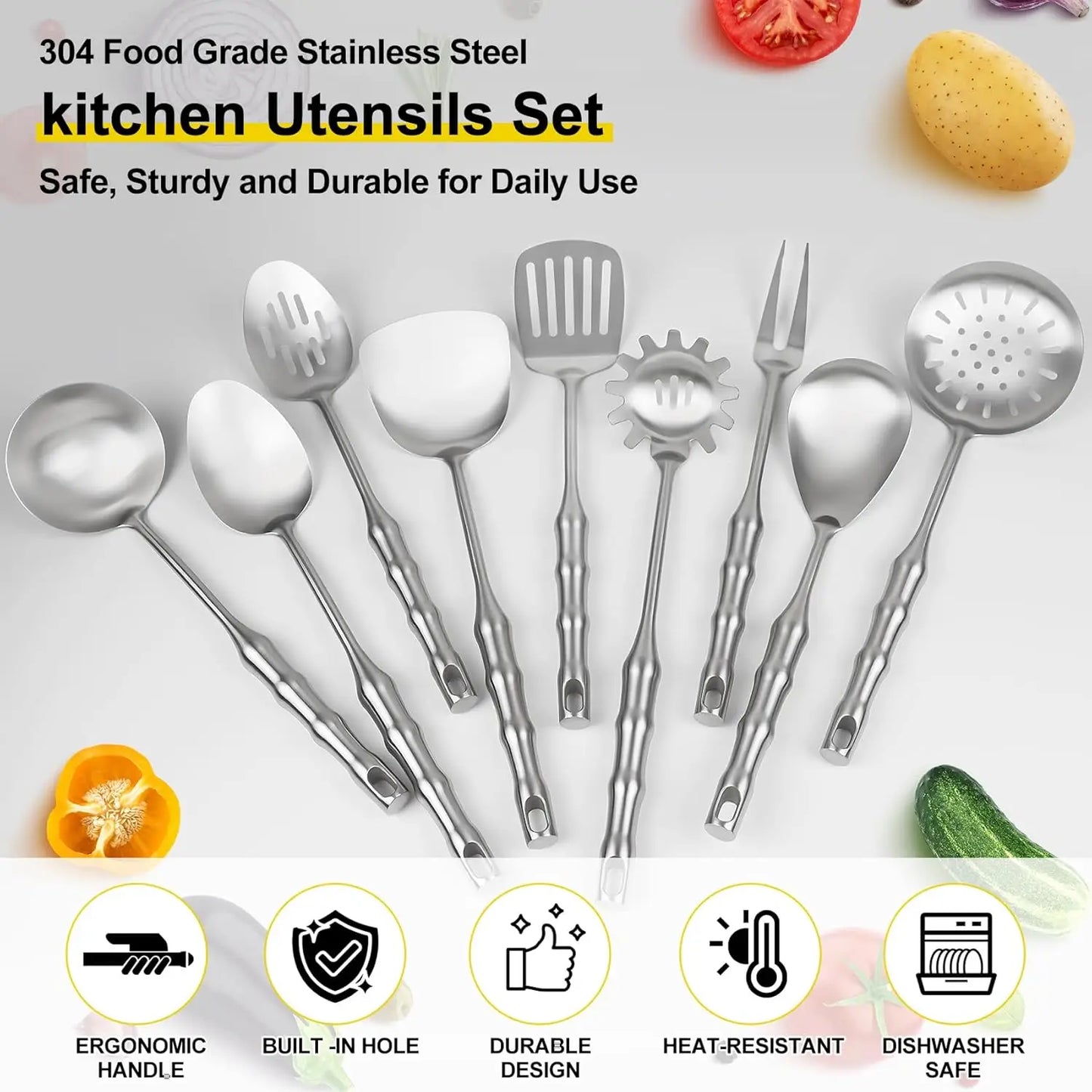 Stainless Steel 9 Piece Kitchen Utensil Set With Heat Resistant Handles For Durable Cooking