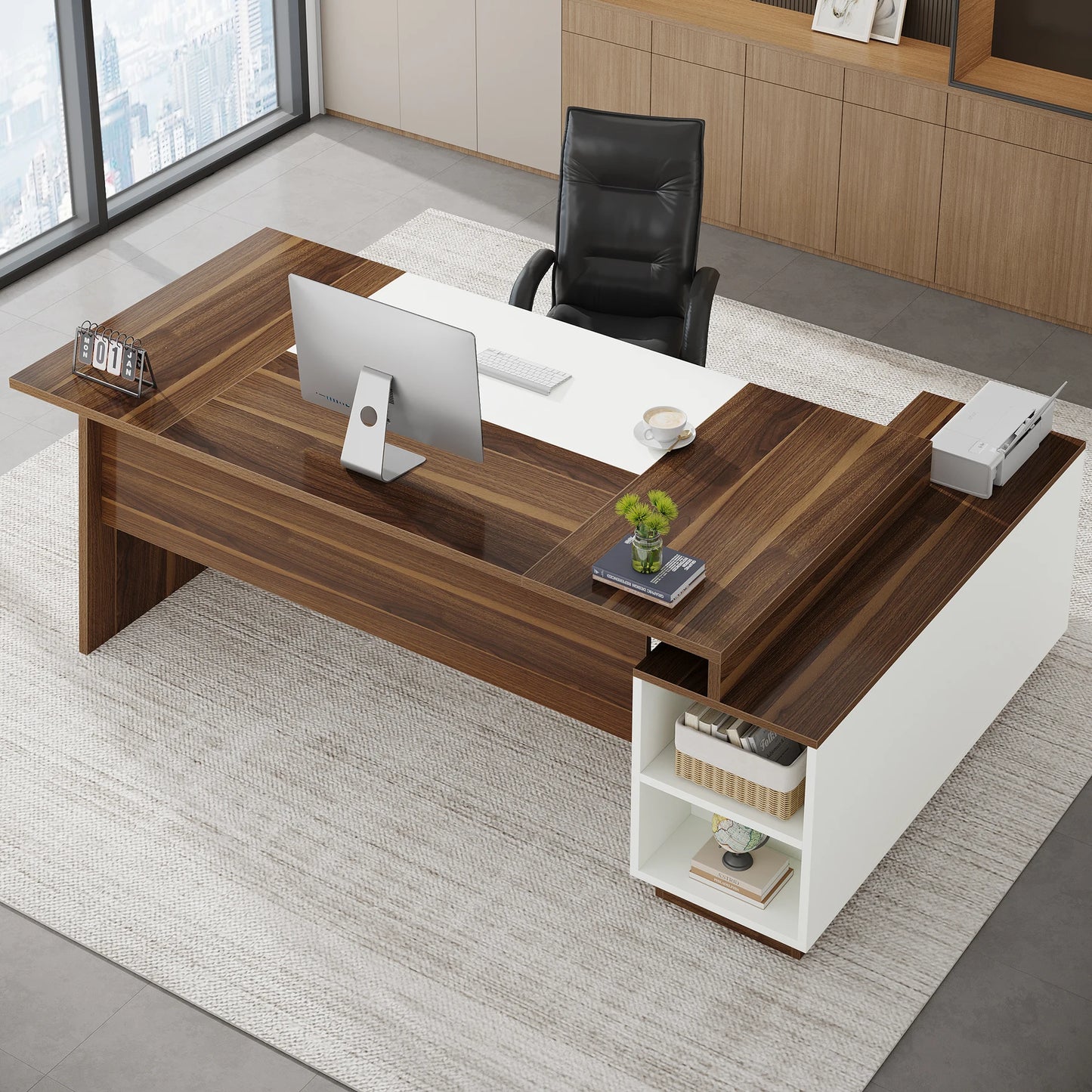 Tribesigns L-Shaped Executive Office Desk, 70.5-Inch Mid-Century Modern Executive Desk with Storage Cabinet and Shelves