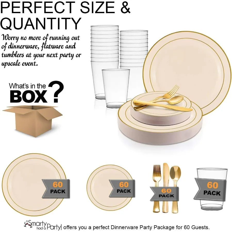 Combo Plate Set (Ivory with Gold, Wedding Value Set (60 Guests))