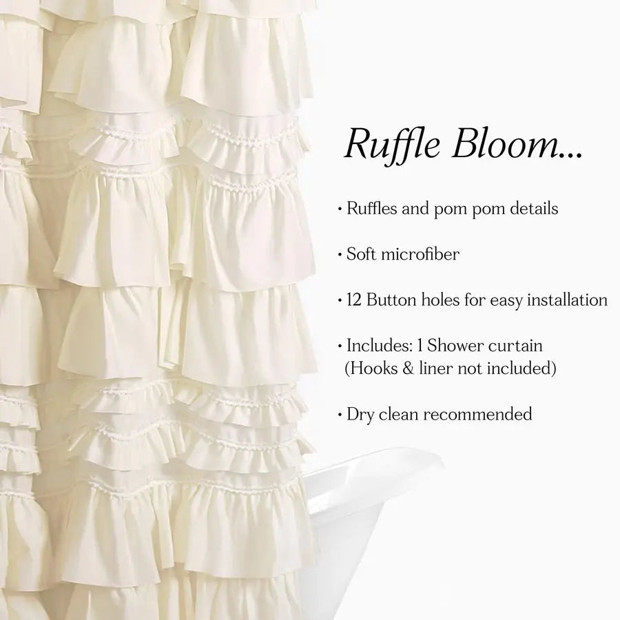 Ruffled Shower Curtain Polyester Nonwoven Fabric For Bathroom With Pom Pom Trim 72 By 72 Inches