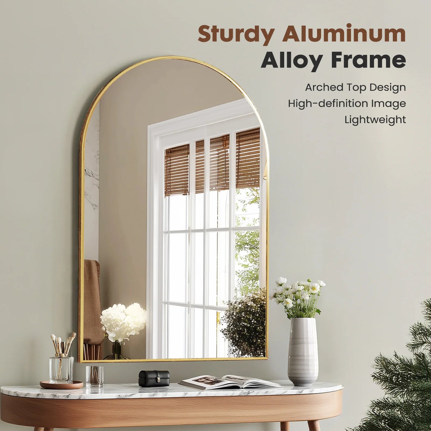 JHK Arched Metal Framed Bathroom Mirror With Architectural Shatterproof Glass For Crystal Clear Reflections