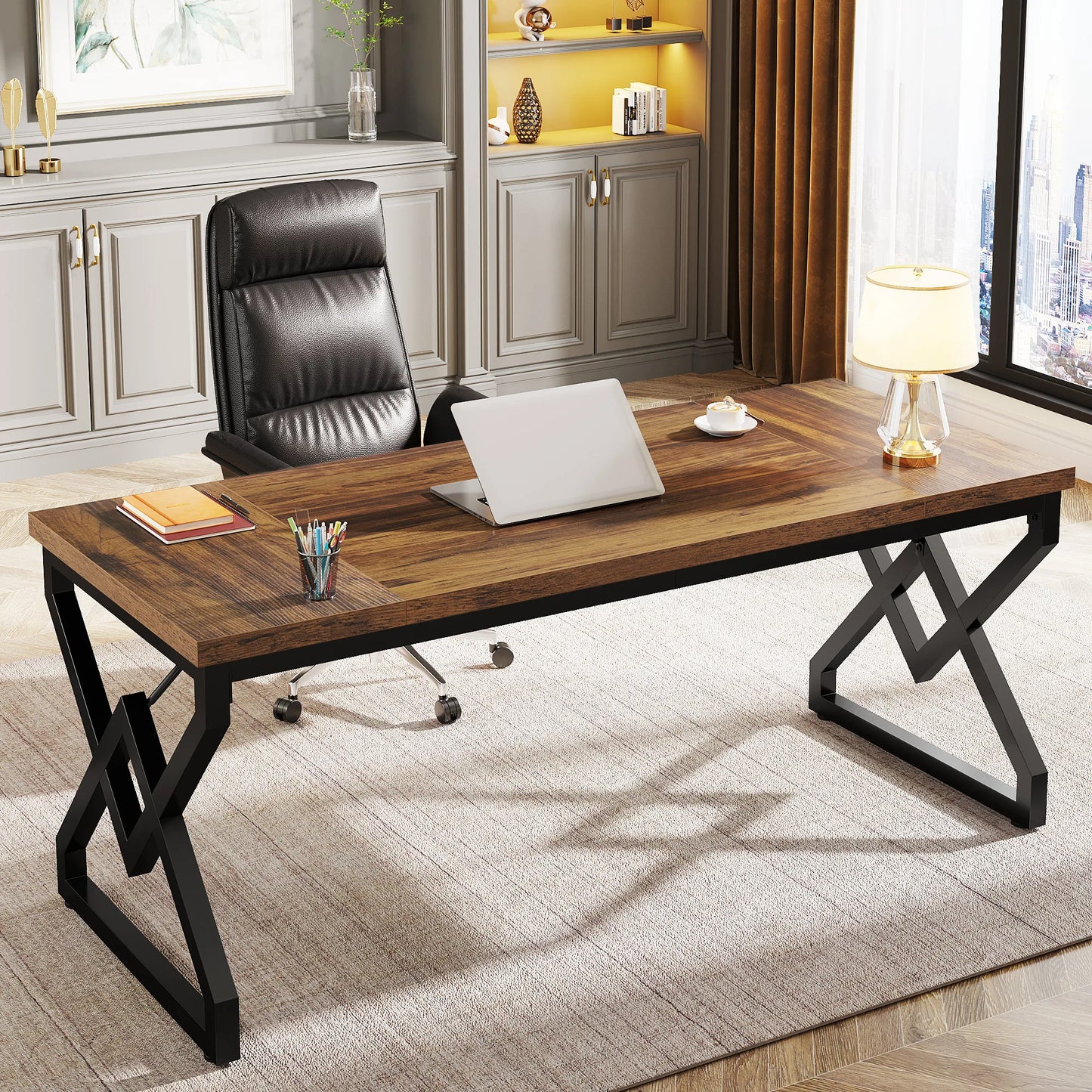 Tribesigns Industrial Executive Desk With Thick Tabletop And Metal Frame 63 Inch Long Computer Desk