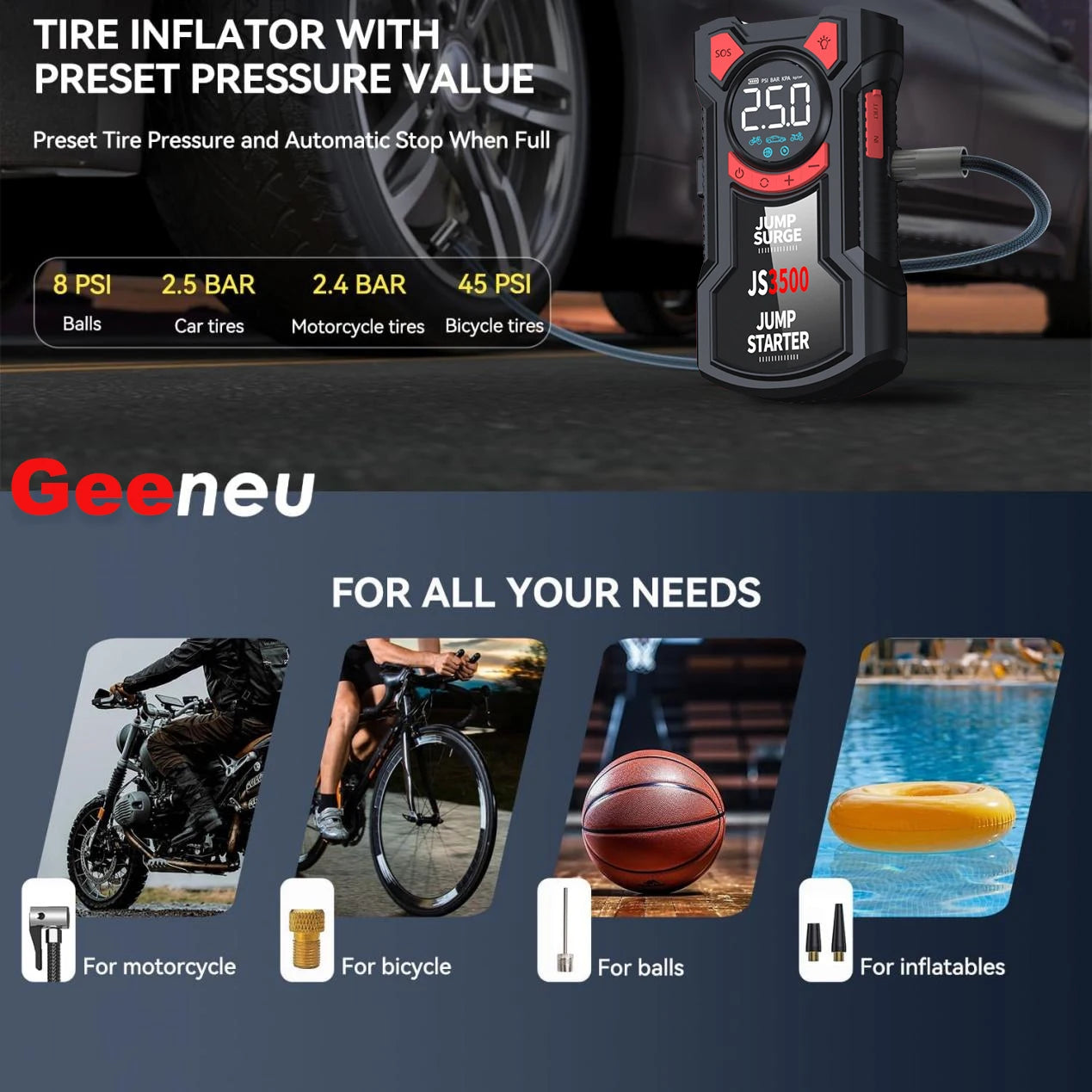 5 In 1 Jump Starter And Air Pump With Digital Tire Inflator For Cars And SUVs Portable Emergency Kit