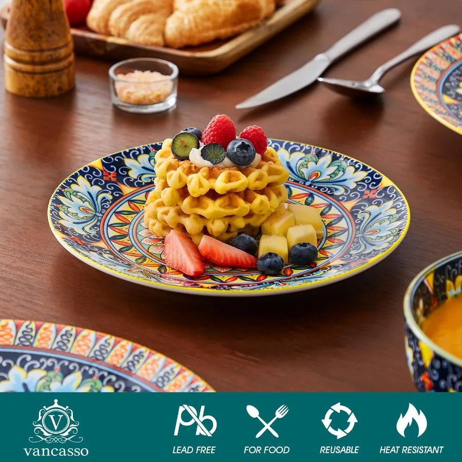 12 Pieces Dinnerware Sets Yellow Plates and Bowls Set Porcelain Dishes Set for 4 Microwave and Dishwasher Safe Scratch Resistan