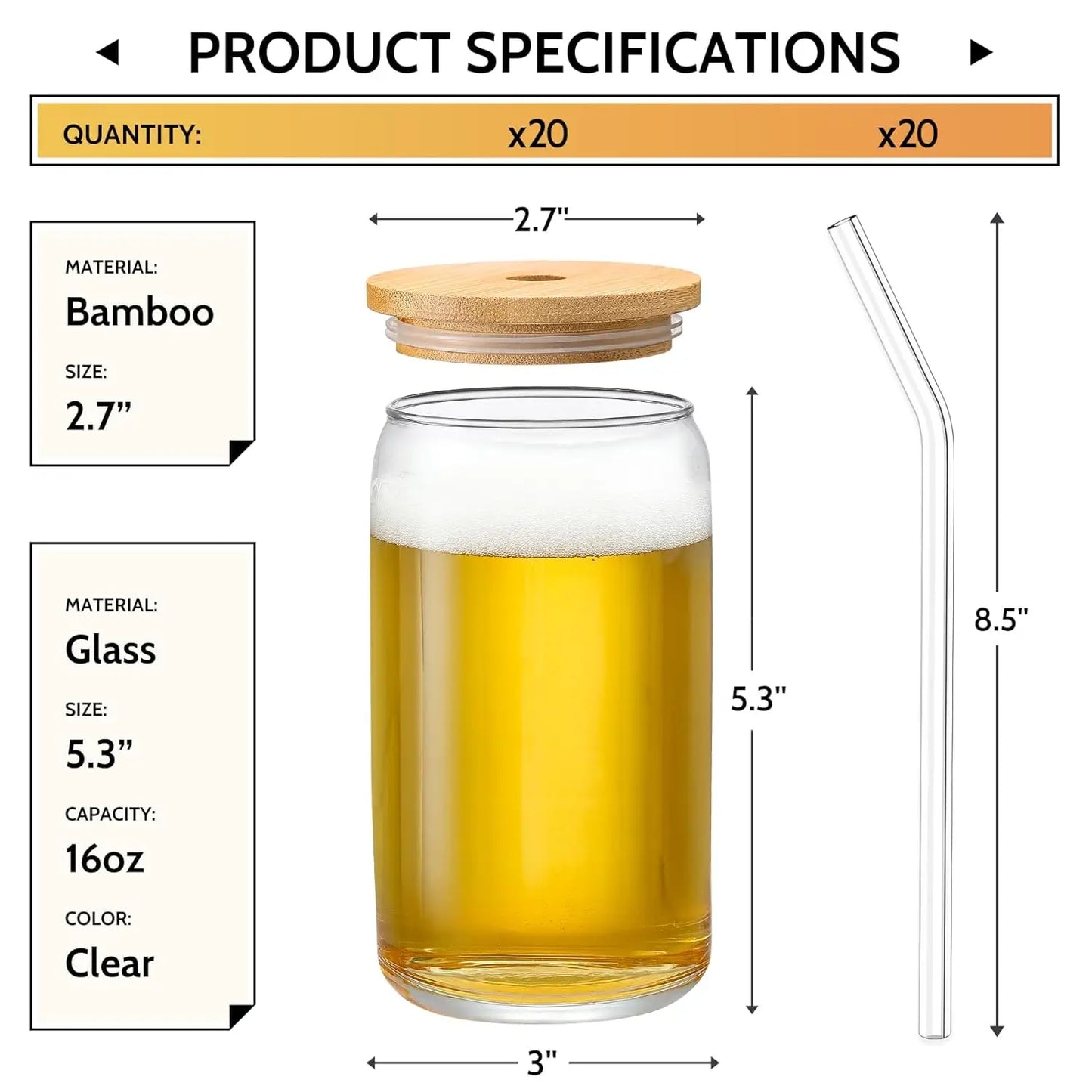 20 Piece Beer Shaped Glass Tumblers Set With Bamboo Lids And Straws 16 Oz Eco Friendly Bundle