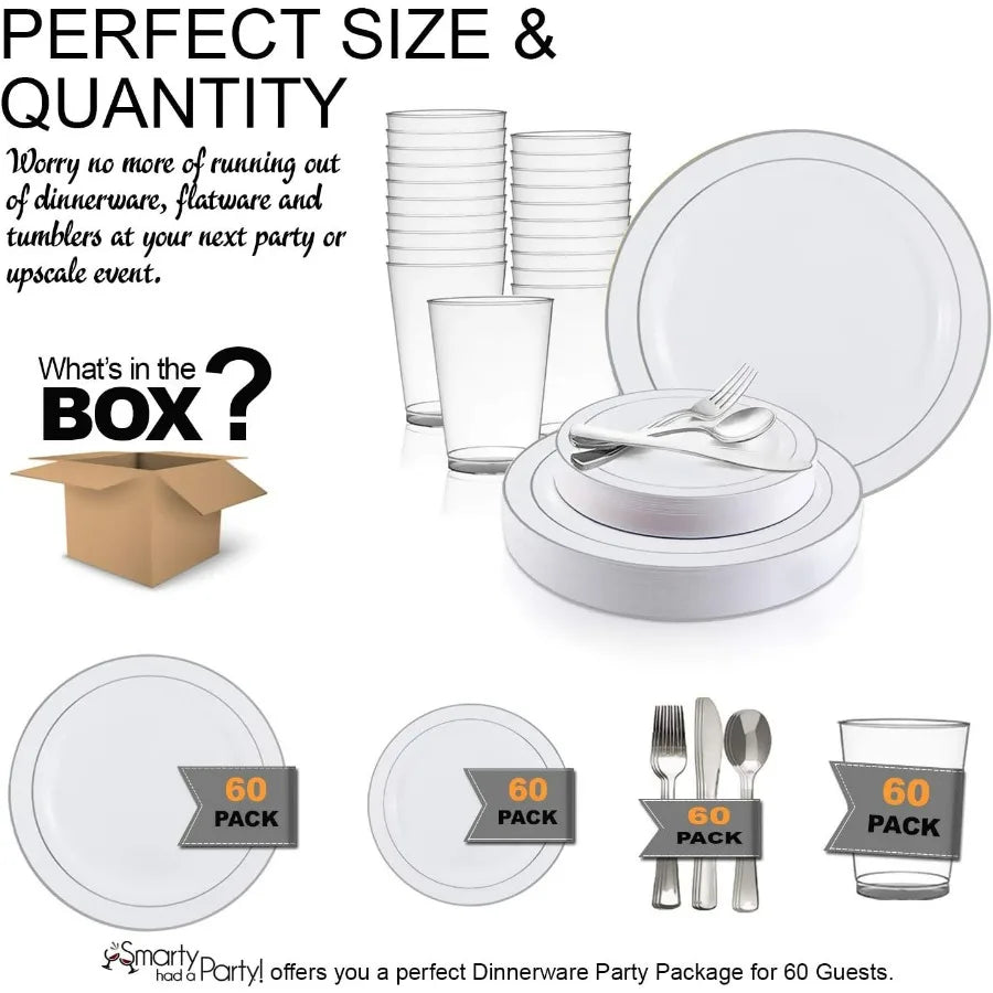 Set for 60 Guest White Elegant Plastic Plates Disposable with Silverware, Fancy Dinnerware for Weddings, Party & Holidays, Dinne
