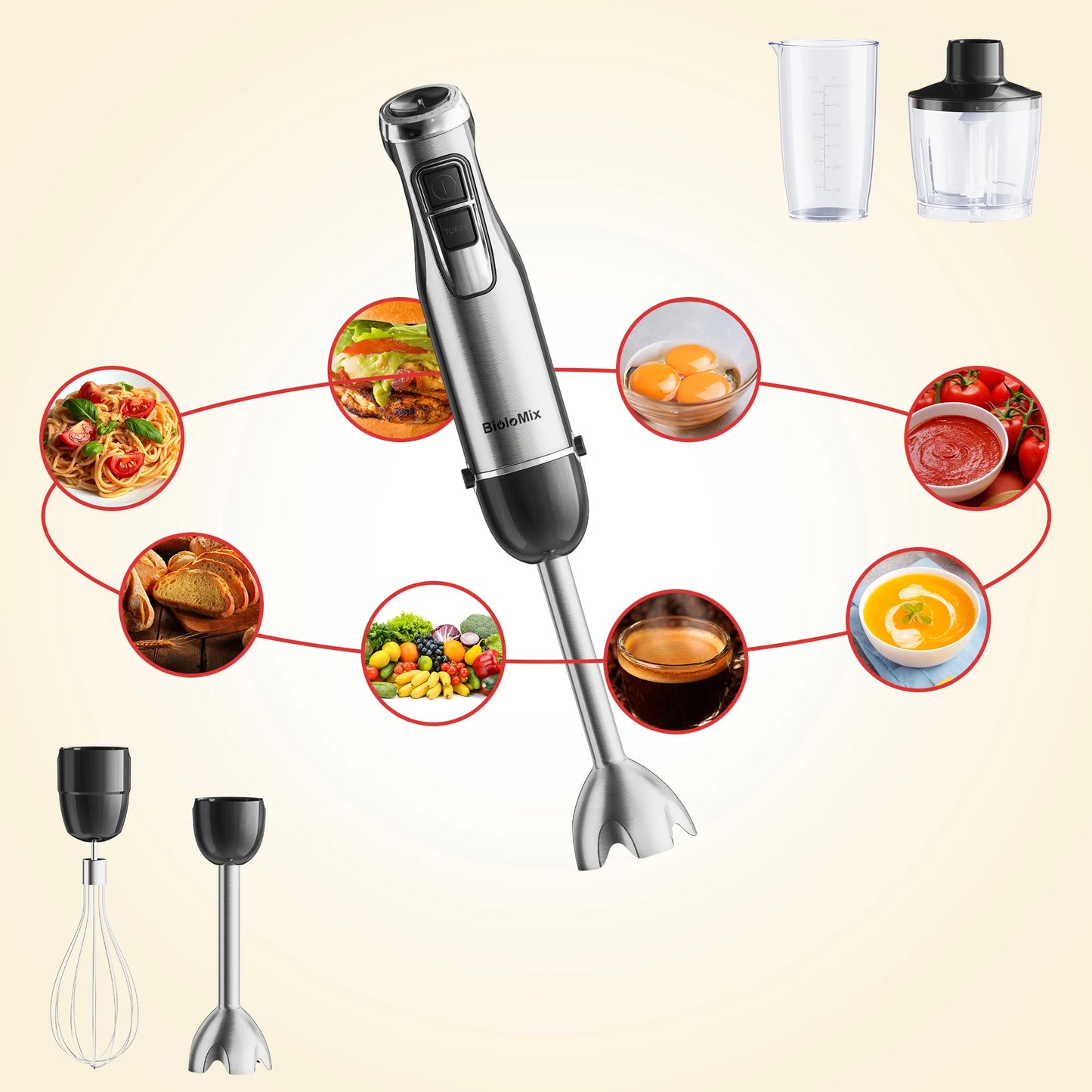 Biolomix 4 In 1 1200W Immersion Hand Blender With Chopper 6 Speeds Turbo Kit Includes 600ml Beaker
