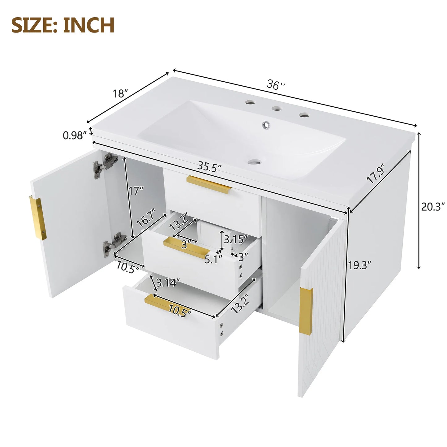 SH.KL 36'' Wall Mounted Bathroom Vanity, Bathroom Floating Vanity with Sink Combo, Storage Cabinet with 2 Drawers, Metal Handles