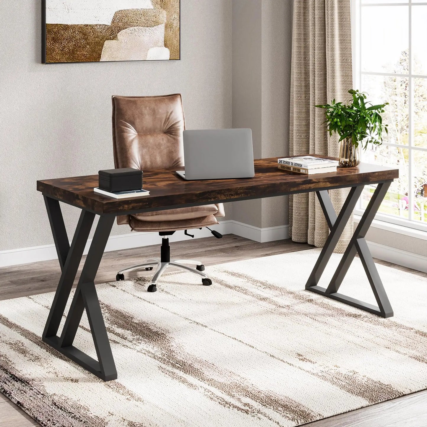 Tribesigns Writing Computer Desk With Z Shaped Metal Legs Industrial Chic Wood Grain Top 55 Inch Wide