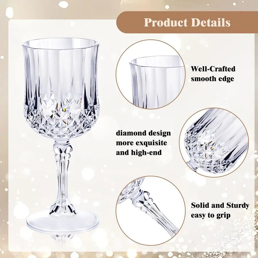 Plastic Wine Glasses 24 Piece Set Disposable Stemmed Goblets With Crystal Like Diamond Pattern 7 Oz