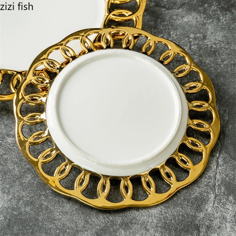 Gold Plated Hollow Out Ceramic Plate For Dining Table