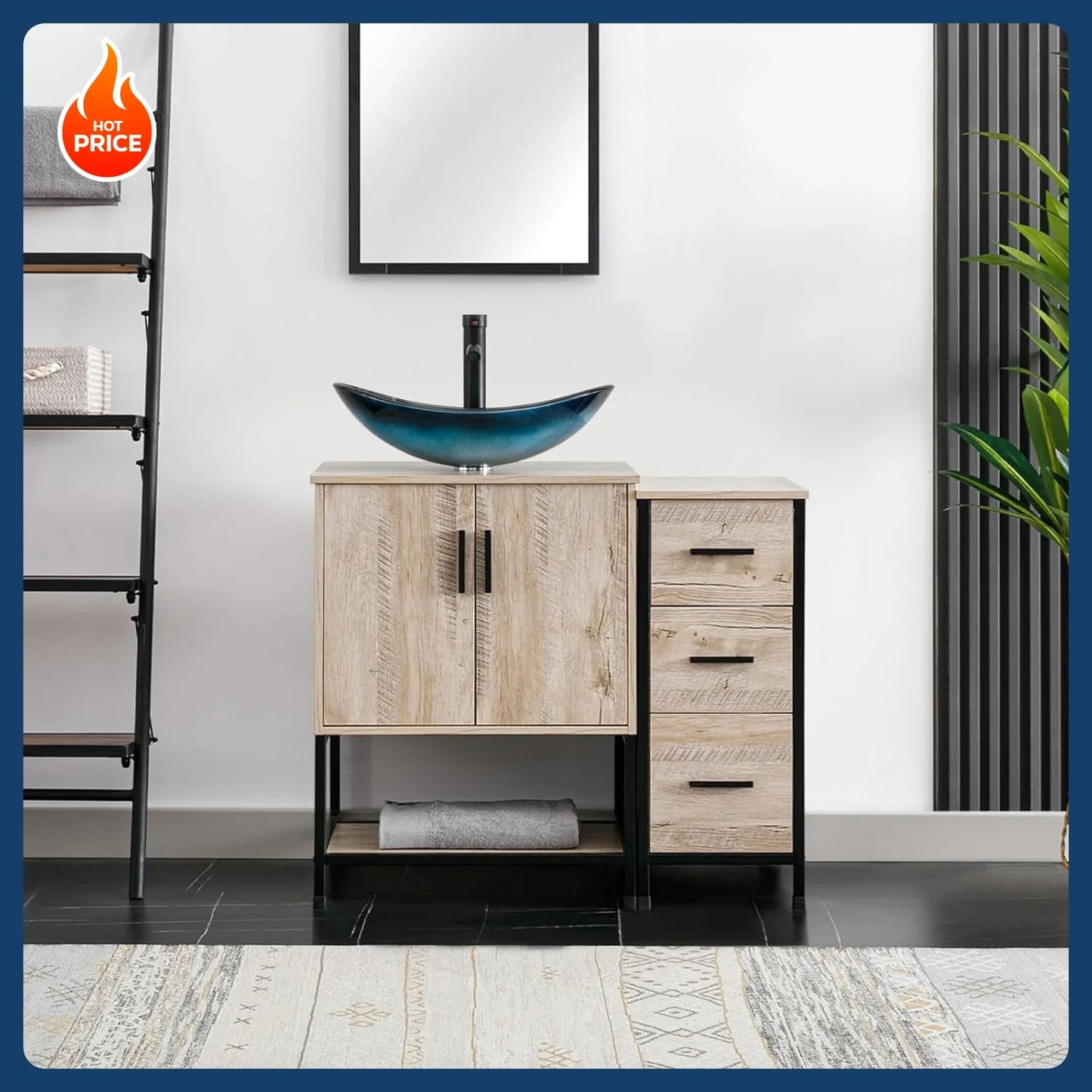 [Free Shipping!]36" Bathroom Vanity Sink Combo Modern Metal Stand Cabinet W/Bottom Shelf & Storage Side Cabinet Blue Boat Vessel