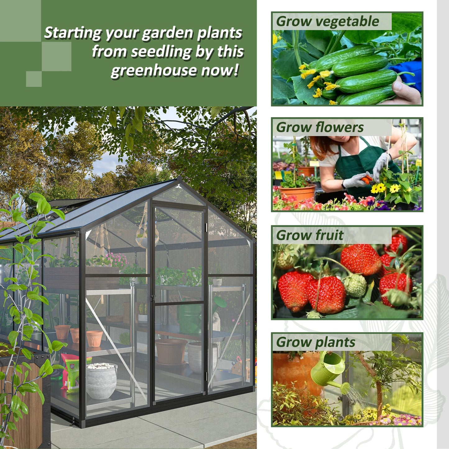 LZBEITEM Polycarbonate Greenhouse With Heavy Duty Aluminum Frame Walk In Garden Outdoor