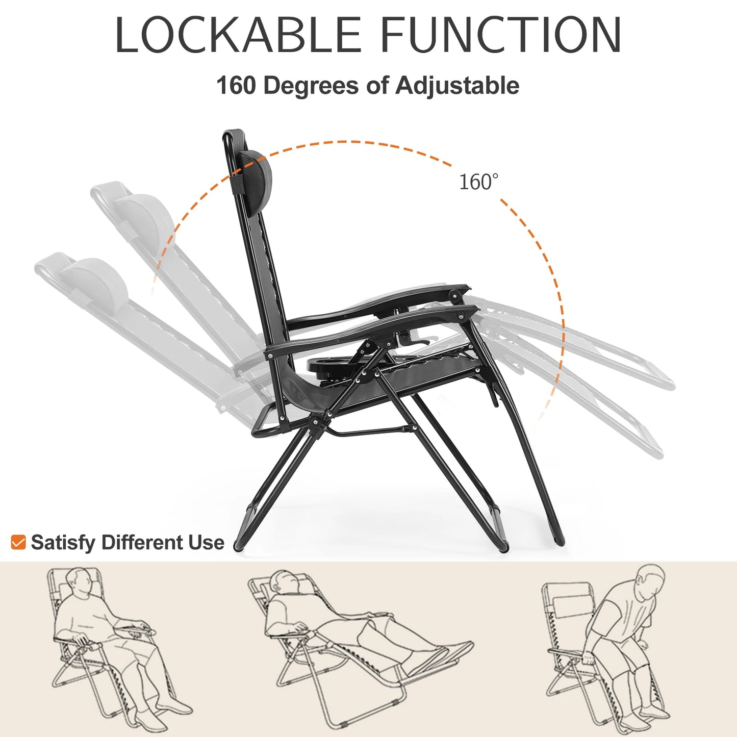 JHK Zero Gravity Portable Outdoor Recliner With Cup Holder And Foldable Design For Outdoor Use