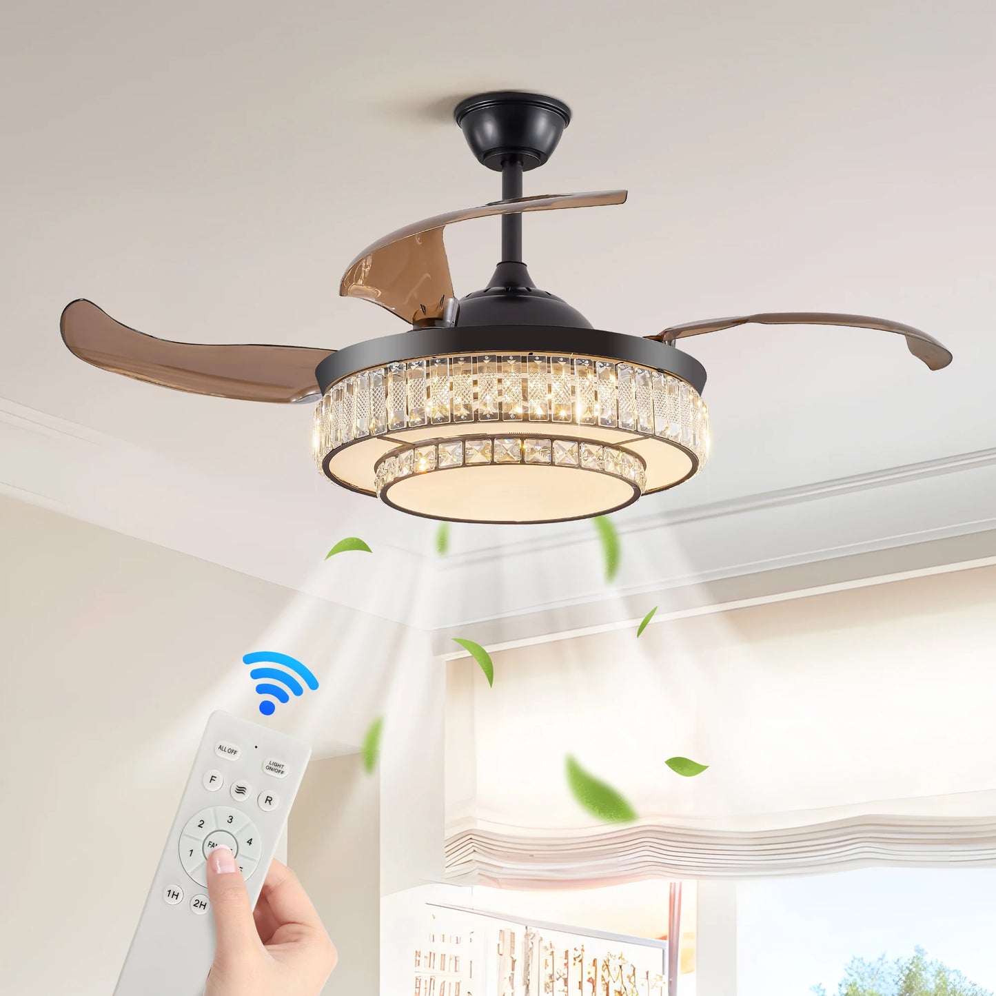 ARLGSITE Luxurious Crystal Ceiling Fan Light Remote Control Timer