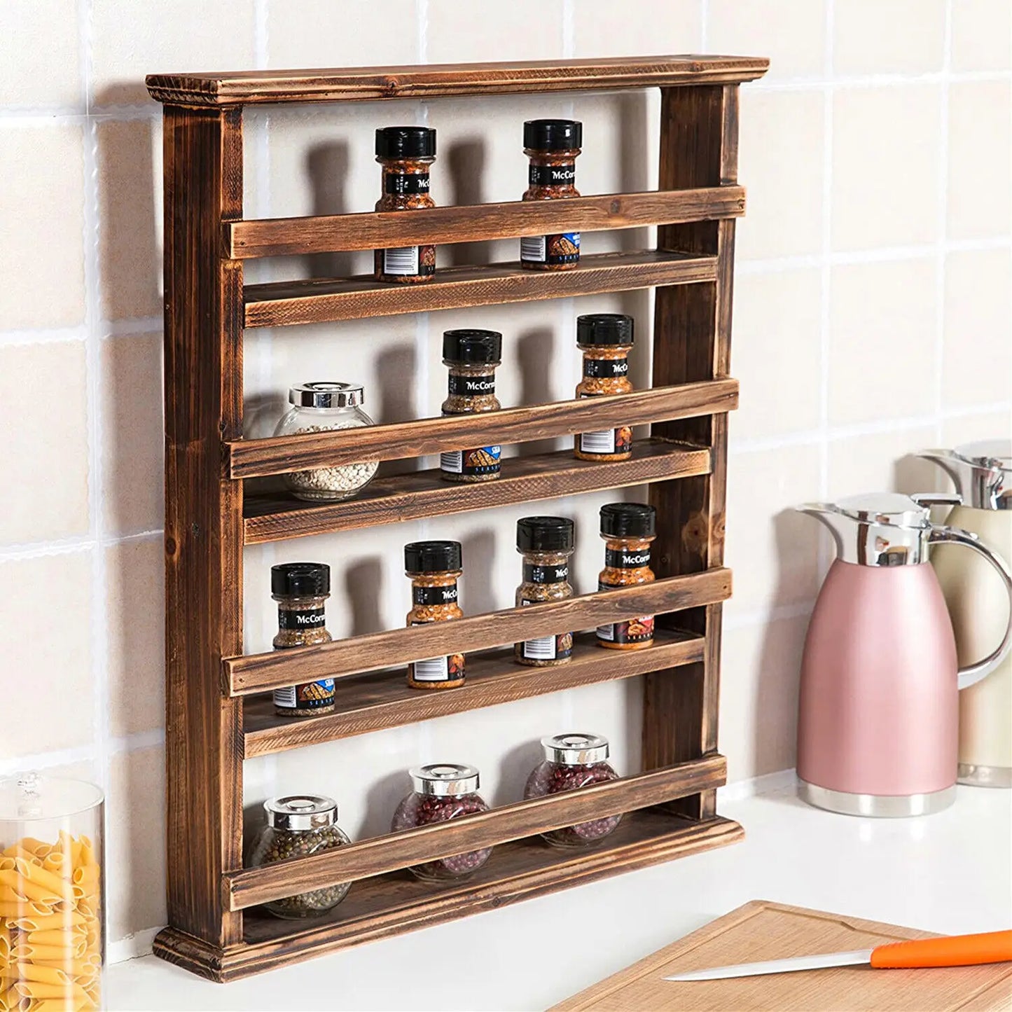 Floating Kitchen Shelf Wall Mounted Wooden 4 Tier Spice Rack