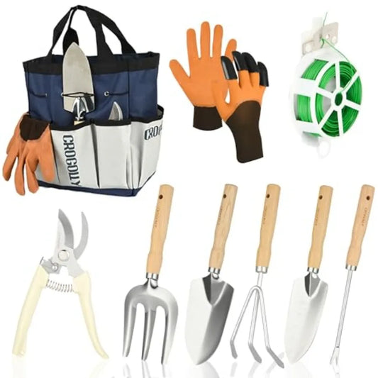 9 Piece Heavy Duty Outdoor Garden Tool Set With Pruning Shears Hand Rake And Stainless Steel Blades