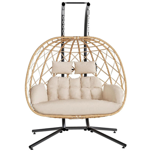 Double Egg Swing Chair With Stand Cushioned Outdoor Indoor Hammock For Two People