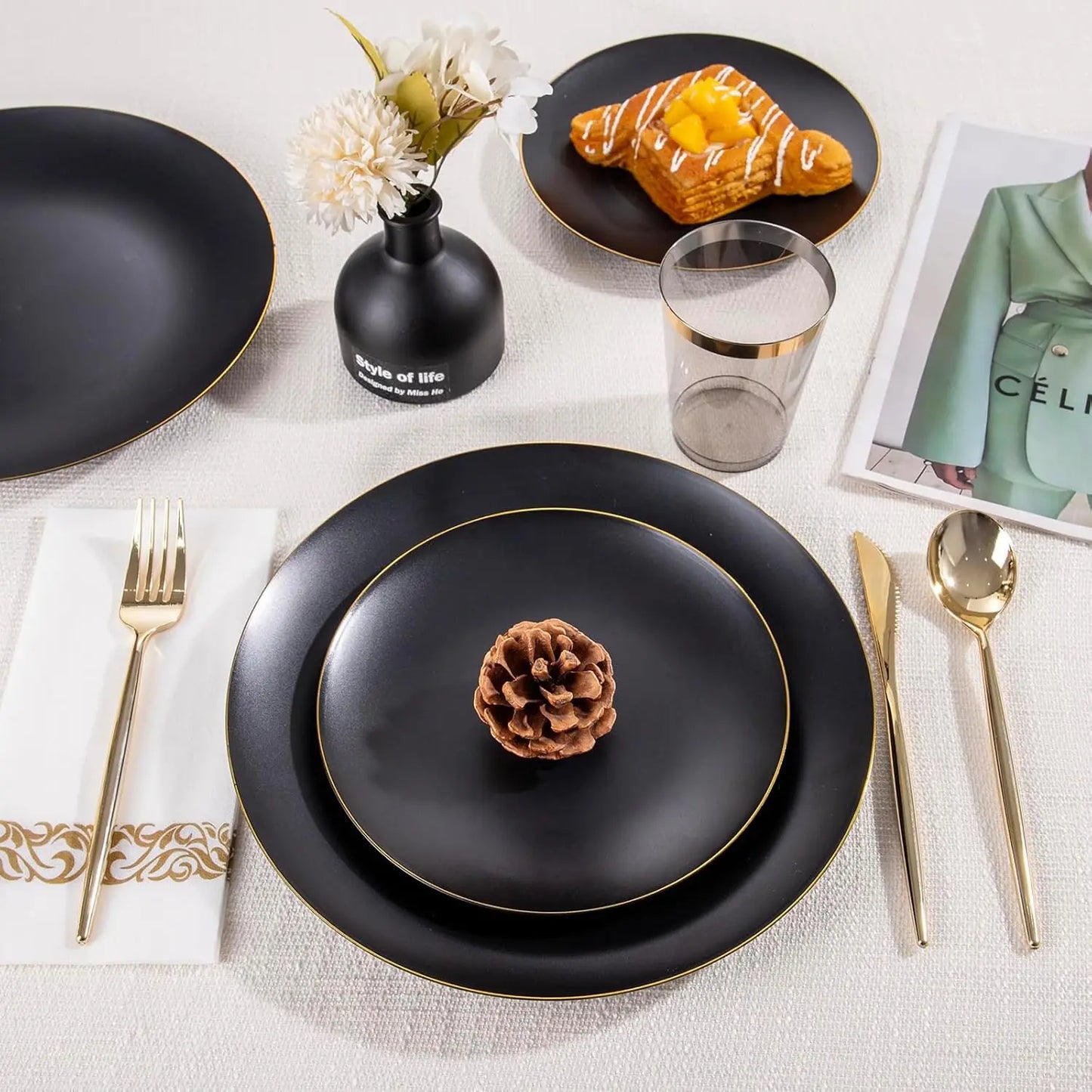 350Pcs Black Gold Matte Disposable Dinnerware Set for Parties, Includes Plates, Silverware, Napkins, Cups