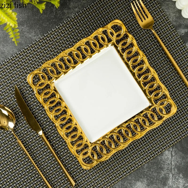 Gold Plated Hollow Out Ceramic Plate For Dining Table