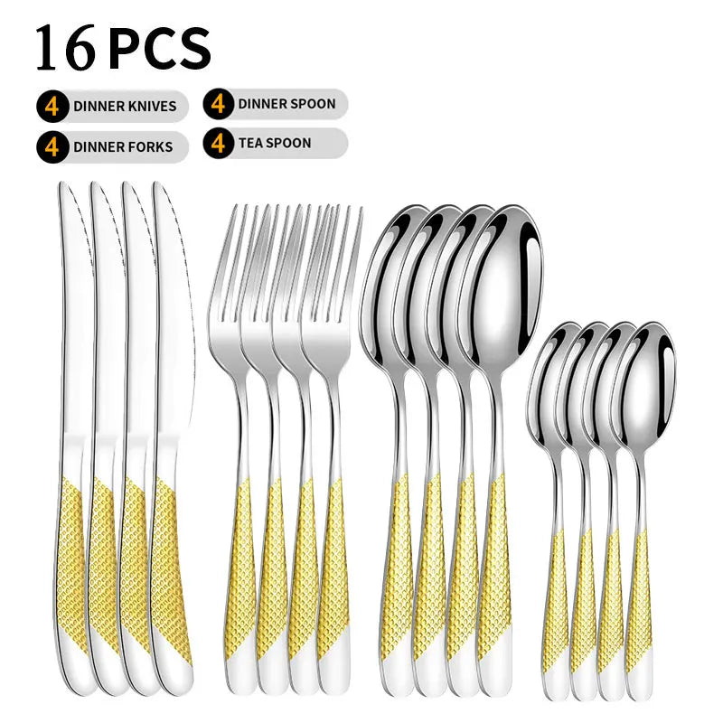 Pioggia Stainless Steel Cutlery Set For Four Person Everyday Dining With Silver Gold Coating And Mirror Bullion Finish