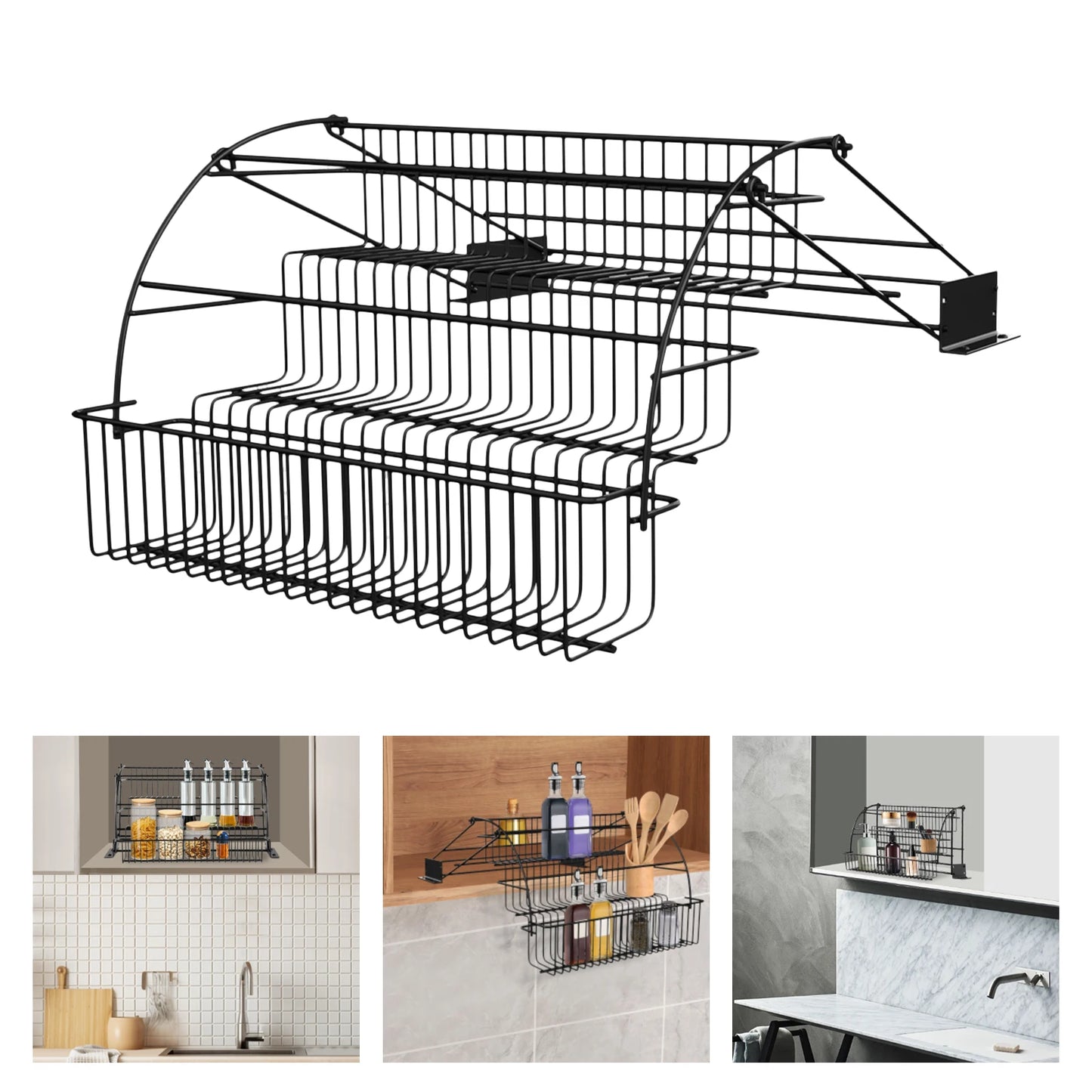 3-Layer Pull-Down Cabinet Metal Storage Rack with Expandable Spice Rack, Large Capacity for Kitchen, Bedroom, And Office Use