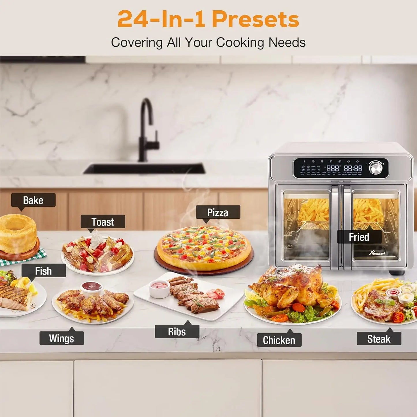 Romswi French Door Air Fryer Toaster Oven With 24 Cooking Functions