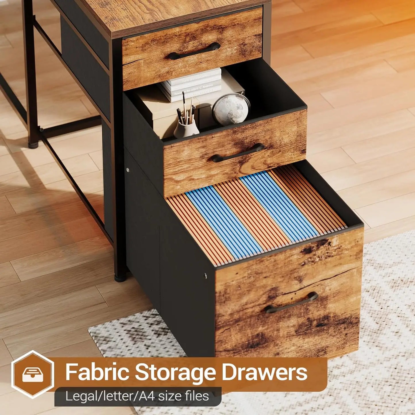 Reversible U-Shaped Office Desk with Storage, Drawers, Power Outlet & LED Lights for Gaming and Home Office