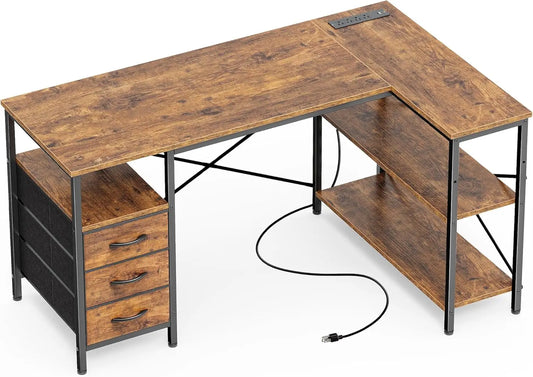 L-Shaped Office Desk with Power Outlets, 3 Drawers, Shelves for Gaming and Home Office in Rustic Brown