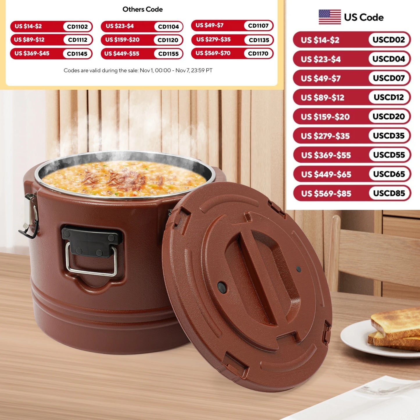 30L Food Warmer, Stainless Steel Food Cooler, Brown Insulated Food Carrier, Commercial Soup Container for Hot or Cold Food