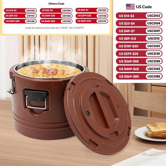 30L Food Warmer, Stainless Steel Food Cooler, Brown Insulated Food Carrier, Commercial Soup Container for Hot or Cold Food