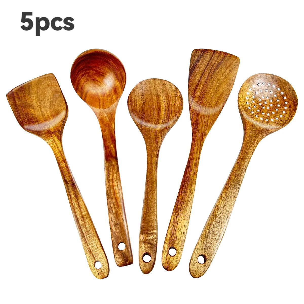 Five Piece Ergonomic Wooden Kitchen Utensils Set for Comfortable Cooking and Easy Prep