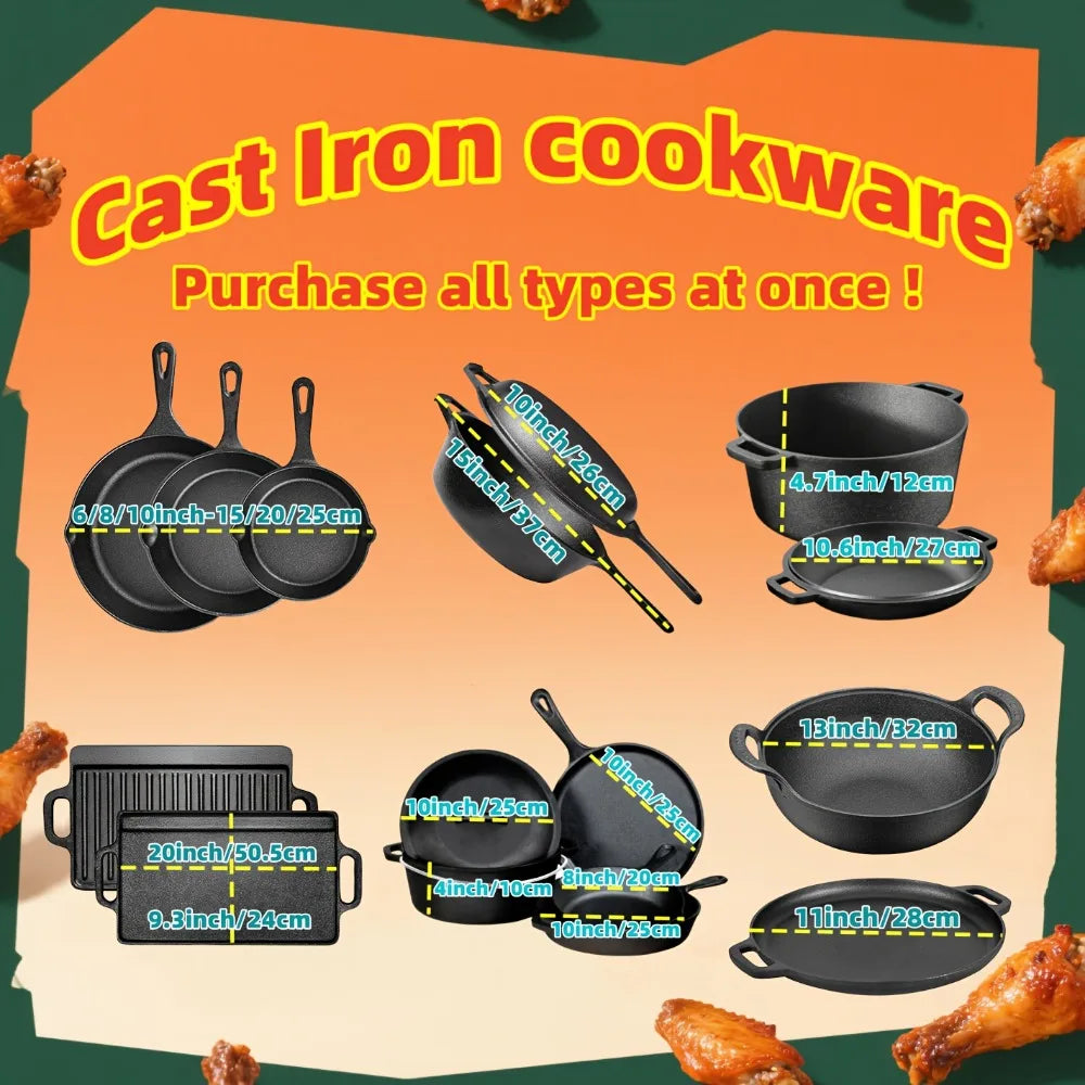 AEDG Heavy-Duty Cast Iron All-Purpose Skillet Set Nonstick OvenSafe Campfire-Ready