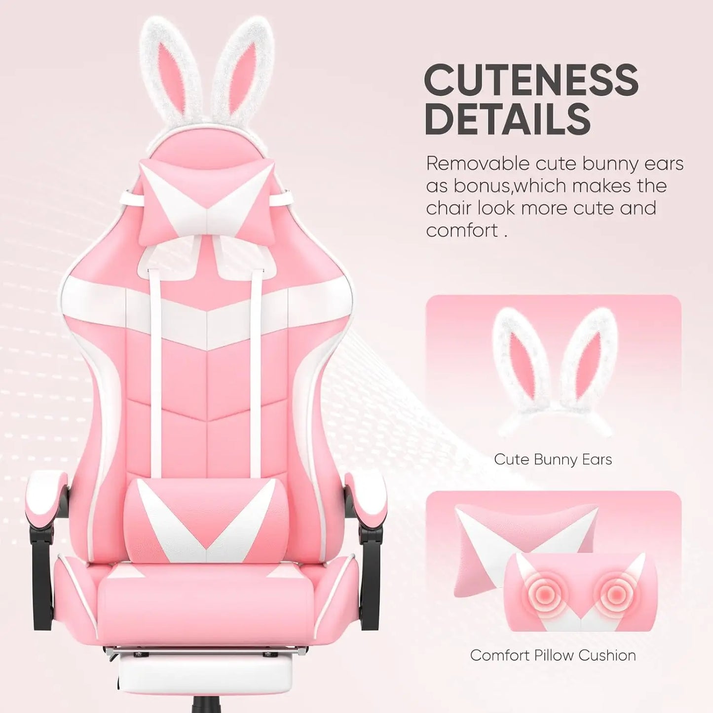 Pink Ergonomic Gaming Chair with Bunny Ears Footrest Headrest Lumbar Support for Home Office PC, Customized