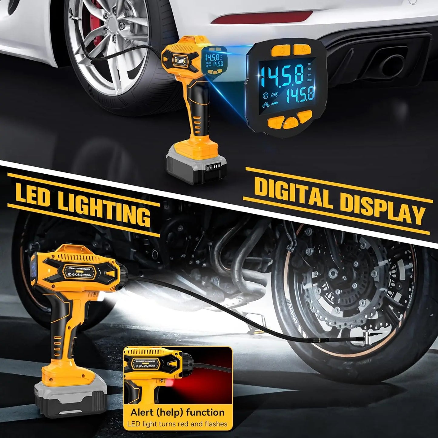 Iosn Cordless Digital Tire Inflator Kit With 160 PSI Gauge Auto Shut Off Fast 30 L Per Min For Cars