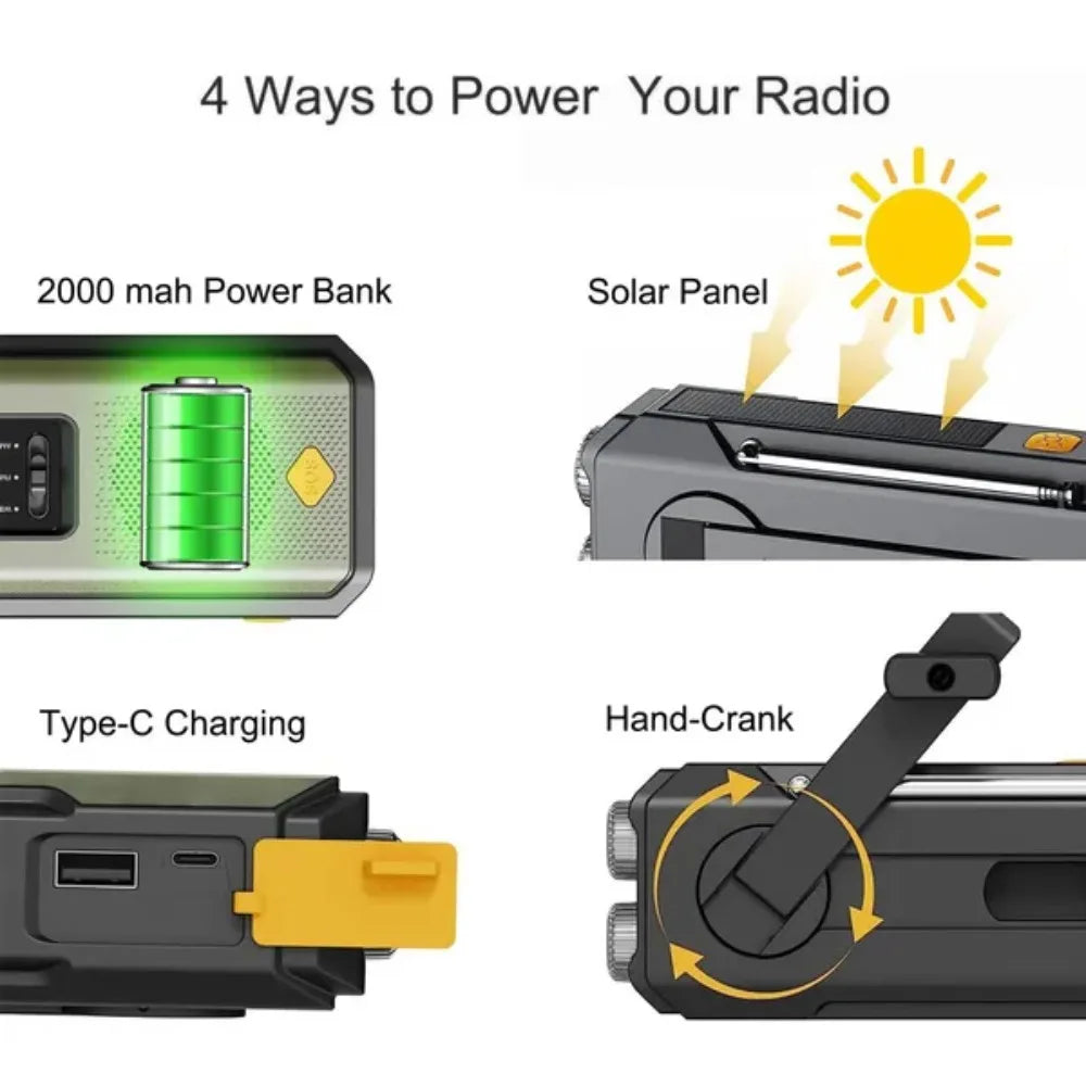 Stonego Emergency Solar Hand Crank Radio With Weather Band And USB C Charger