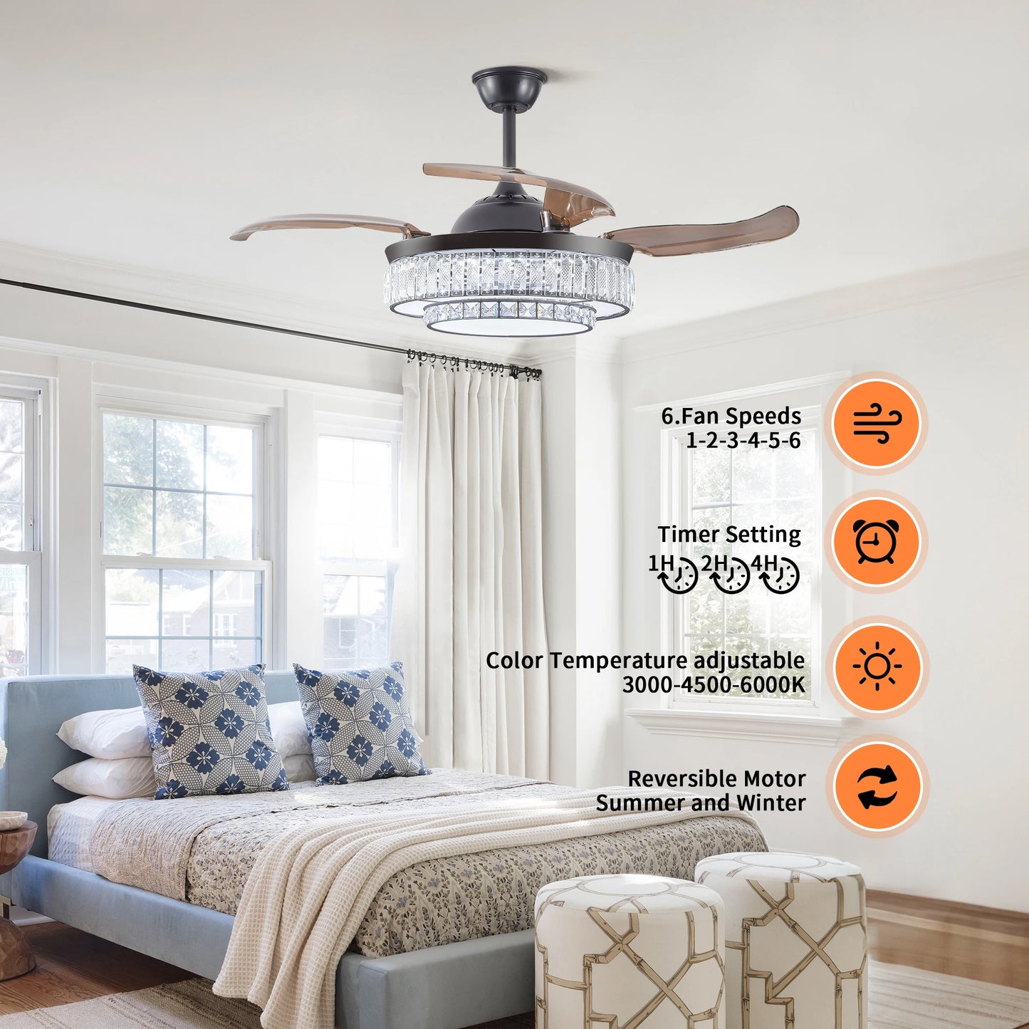 ARLGSITE Luxurious Crystal Ceiling Fan Light Remote Control Timer
