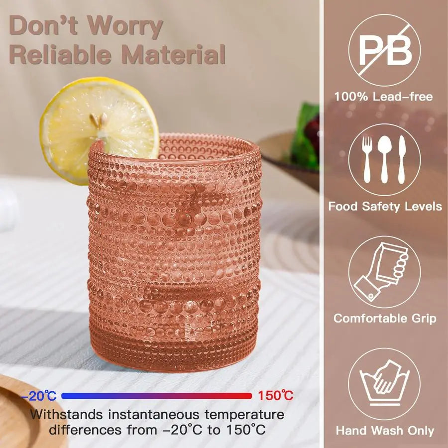 Vintage Hobnail Drinking Glasses Set of 6, Embossed Water Tumbler 12oz, Kitchen amp Bar Beaded Glass Cups, Beverage Glass Cups f