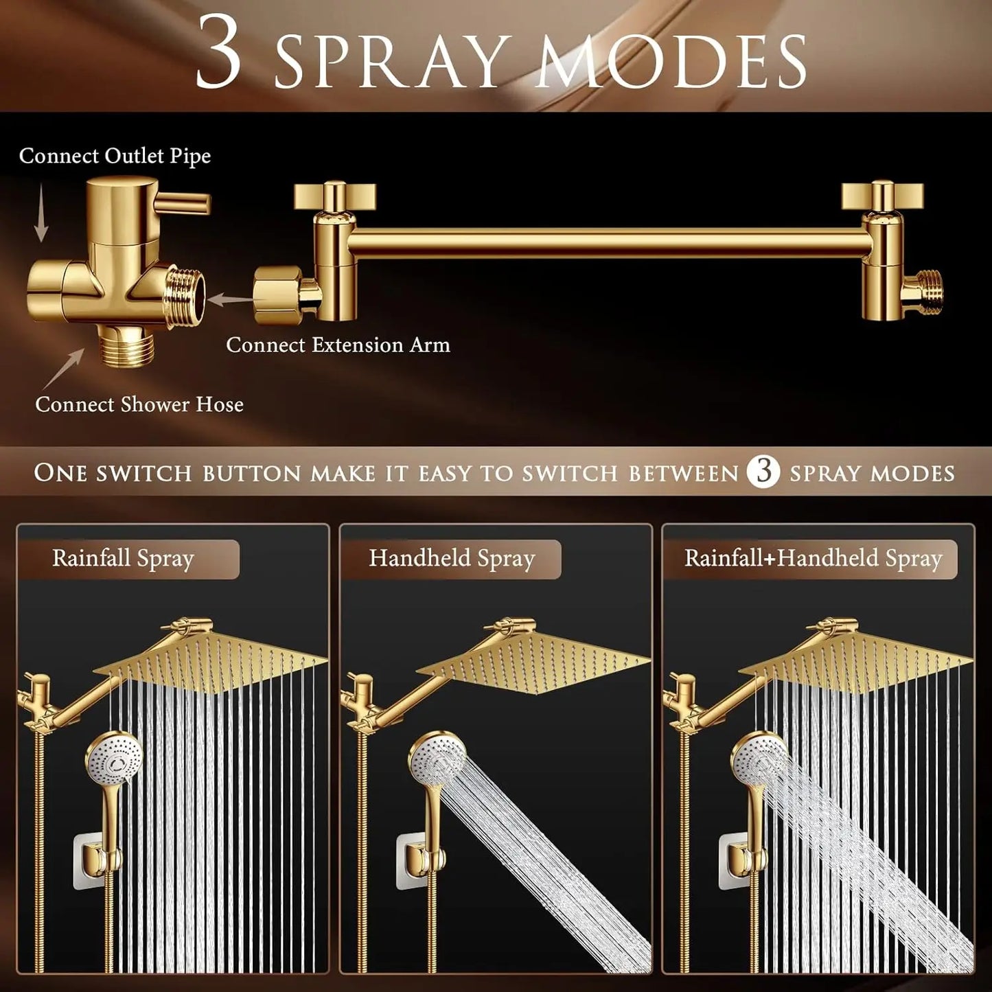 Rainfall And Handheld Shower Combo With Adjustable Arm And Five Spray Settings System