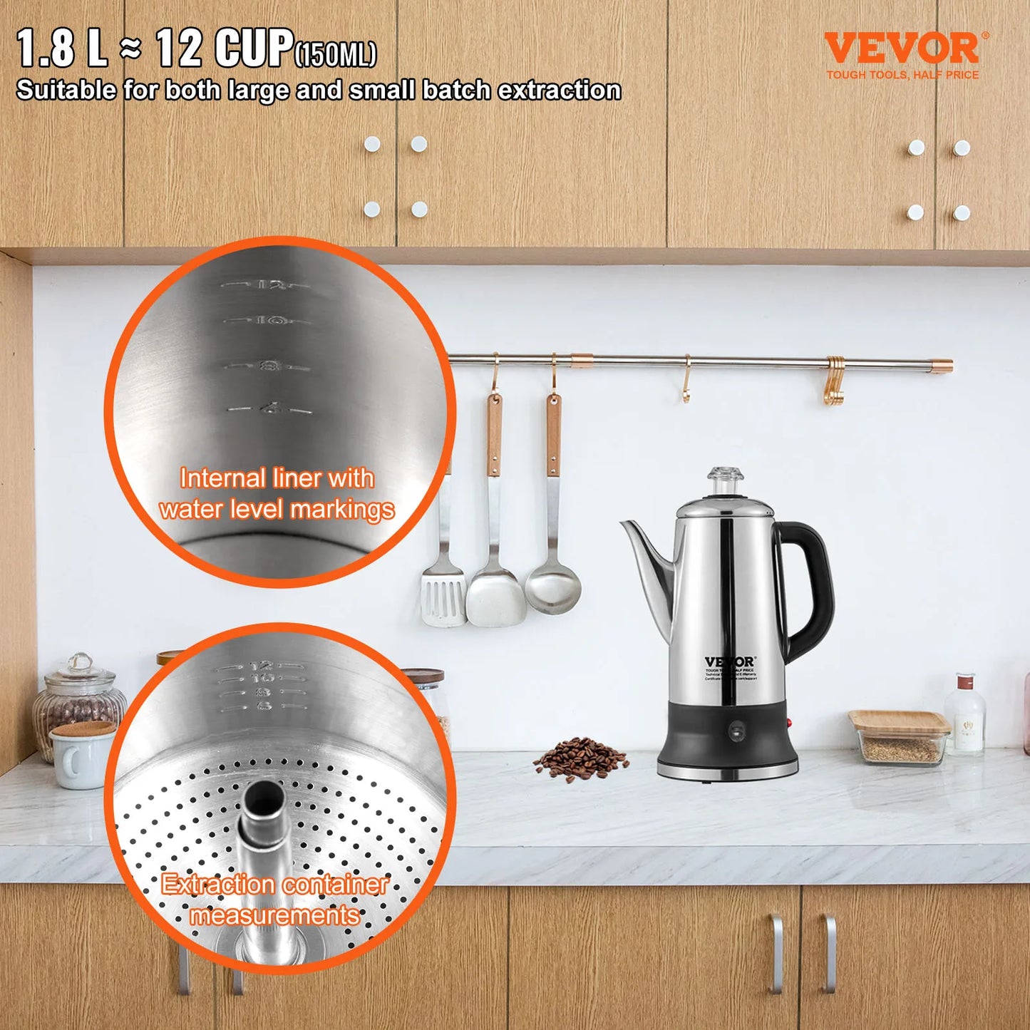 SucceBuy 12 Cup Electric Percolator Coffee Pot With Keep Warm 1000W Quick Brew 1.8L Capacity For Coffee Tea