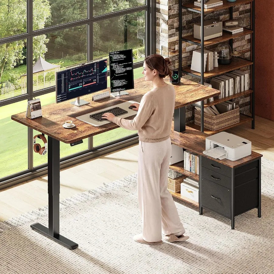 Standing Desk With Outlets Storage Cabinet Shelves And Drawers For Home Office