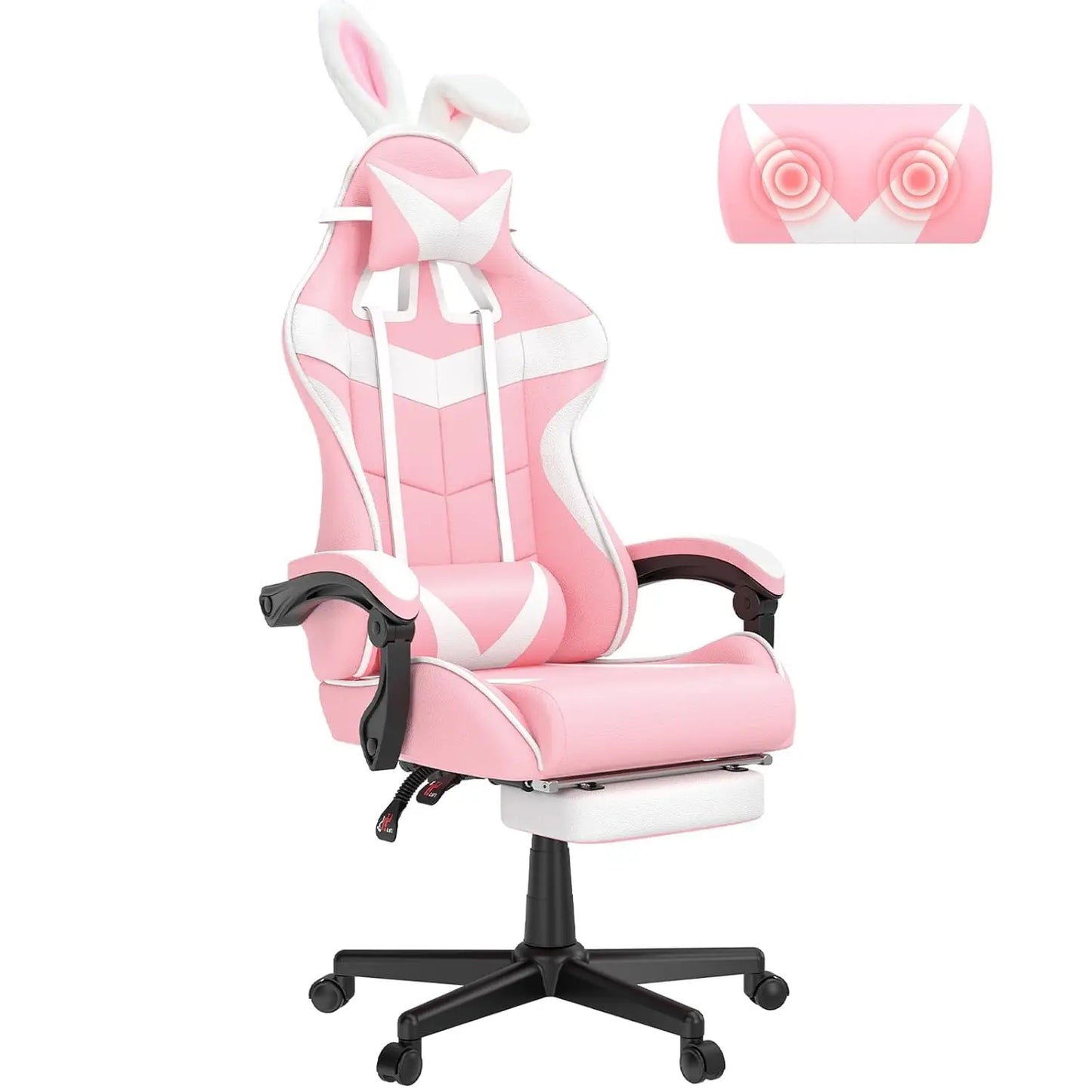 Pink Ergonomic Gaming Chair with Bunny Ears Footrest Headrest Lumbar Support for Home Office PC, Customized